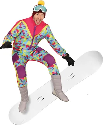 A man wearing a colorful 80s-style ski suit and goggles is snowboarding.