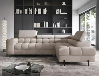 Zdjęcie produktu dla Narożnik Ferucce – nowoczesna sofa w kształcie litery L z funkcją spania i regulowanymi zagłówkami