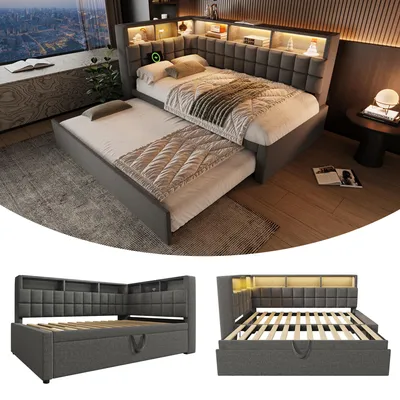 Obrázok produktu pre Čalúnená posteľ 90x200 cm s výsuvným lôžkom 90x190 cm, čelo v tvare L s otvorenými úložnými priehradkami, LED so 16 farbami, Bluetooth reproduktor, USB-A a USB-C, sivá