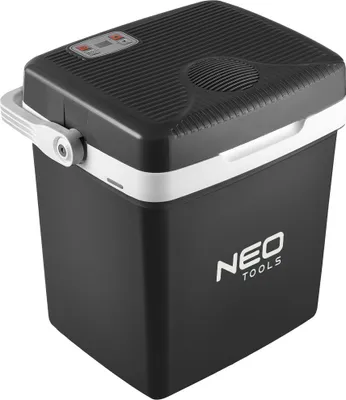 A black and white portable cooler with a handle and a digital display on top.
