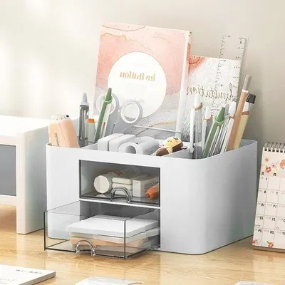 Produktbild von Famanu Schreibtisch Organizer mit 5 Fächern und 2 Schubladen - Multifunktionale Aufbewahrungslösung