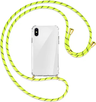 Produktbild von Handykette Backcover-Schutzhülle mit Band (Metall goldfarben) für Apple iPhone X / XS / 10 - neongelb
