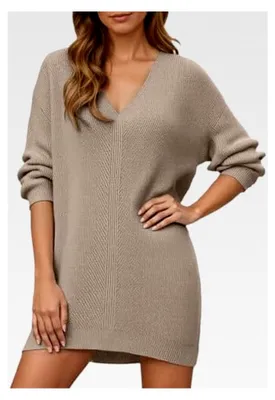Produktbild von Pulloverkleid Damen Kurz Winter Strick V-Ausschnitt Übergröße Warm Rippstrick Minikleid Lässig Freizeitkleid Ohne Taille