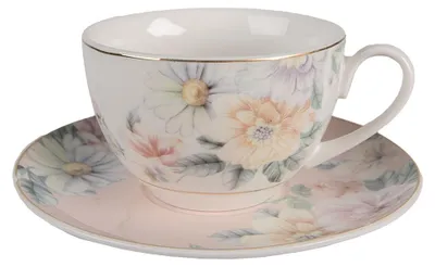 Produktbild von Clayre & Eef Tasse mit Untertasse 250 ml Rosa Weiß Porzellan Blumen