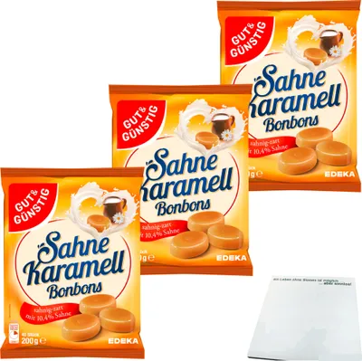 Produktbild von Gut & Günstig Sahne Karamellbonbons 3er Pack (3x200g Beutel) + usy Block