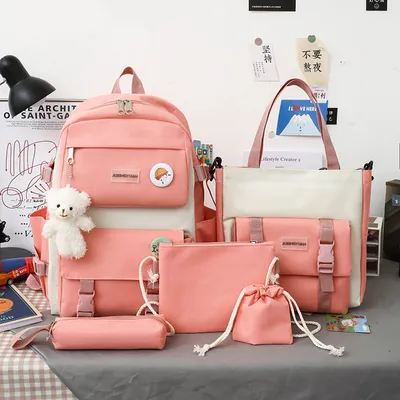Obrázok produktu pre 5 ks batohov pre študentov spojka teenager bum bag veľkokapacitné školské tašky chlapci dievčatá kabelka ceruzka tašky, dievčatá, ružová