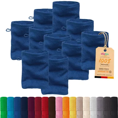 Produktbild von 10er Pack EllaTex Waschhandschuhe 15x21 cm 100% Baumwolle, 500 g/m² Handtücher Set weich saugstark Serie Paris, in Farbe: Königsblau