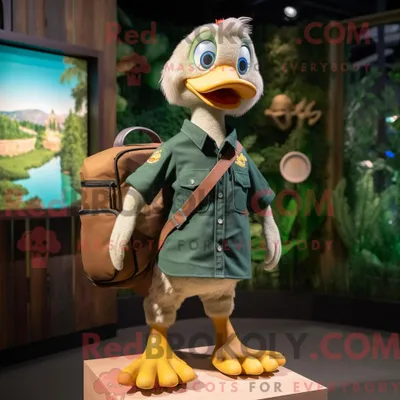 Obrázok produktu pre Maskot spoločnosti REDBROKOLY, vtáčik Forest Green Gosling, oblečený v džínových šortkách a s ruksakom