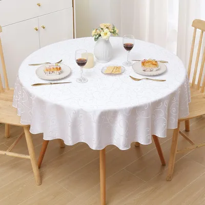 Zdjęcie produktu dla Obrus Jacquard, okrągły, 140 cm, biały, z możliwością prania, wykonany z poliestru