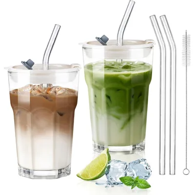 Produktbild von Glasbecher Set 2 Stück mit Deckel und Strohhalm 380ml für Eiskaffee & Smoothies
