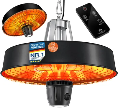 Immagine prodotto di KESSER® Riscaldatore da soffitto a infrarossi a fungo da 2500 W per terrazze con telecomando | Riscaldatore al quarzo | Luce a LED | Da soffitto | Riscaldatore a infrarossi | Con catena + moschettone | Elemento riscaldante in carbonio