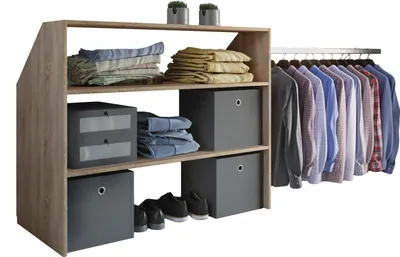 A wooden open wardrobe with shelves and hanging clothes.