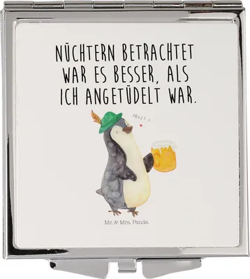 Produktbild von Mr. & Mrs. Panda Kosmetikspiegel Pinguin Bier - Weiß - Geschenk, , Reise Spiegel, Beschwippst, Taschenspiegel, Schminkspiegel, Frauen, Handspiegel, Angetüdelt