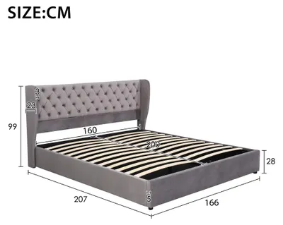 Obrázok produktu pre Postel s čalúneným čelom – rám postele 160 × 200 cm – poťah z velúru – úložný priestor s hydraulickým systémom – čalúnené čelo – kovový rám – sivá farba