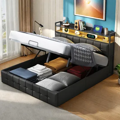 Produktbild von UnboxG Gasdruckbett 140×200 cm, schwarz, Kunstleder, Doppelbett mit LED-Kopfteil & USB-Ladeanschluss, Stauraum unter dem Bett, Aufbewahrungsbett / Schlafzimmerbett