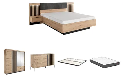 Produktbild von Schlafzimmer-Set - Bett mit Nachttischen - 160 x 200 cm + Lattenrost + Matratze + Kommode + Kleiderschrank - Holzfarben & Schwarz - ARIADA