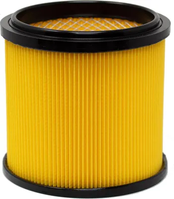 A close-up studio shot of a cylindrical air filter with yellow pleated material and a black plastic rim.