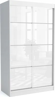 A white sliding door wardrobe with a high-gloss finish.