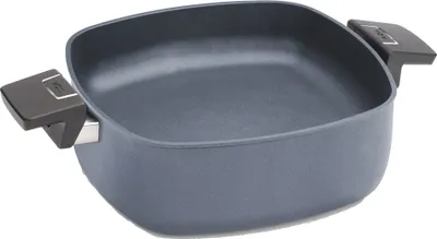 A square frying pan with two handles is shown from a slightly elevated side angle against a white background.