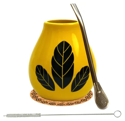 Obrázek produktu pro Mate Green Yerba Mate Tea Calabash Set Hrnek na čaj Mate Hoja Yellow 350ml - Bombilla 19cm - Korková podložka