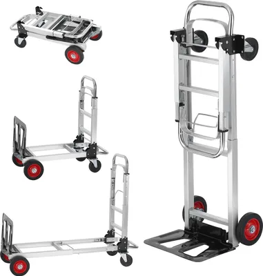 A collage of images showing a foldable hand truck/trolley in different configurations and angles.