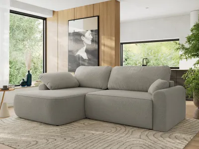 Produktbild von MKS MEBLE Ecksofa CUBO L-form, lose Kissen, Ecksofa 273x187x100 cm mit Schlaffunktion, Bettkasten - Hellgrau Boucle - Links Seite