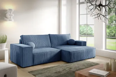 Produktbild von 3 Sitzer Ecksofa in L-Form ANTONIO MINI NOVU, Ottomane rechts/links, Schlaffunktion & Bettkästen, Eckarniutur, Cordbezug in Dunkelblau