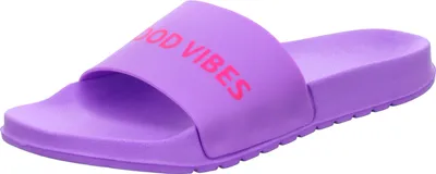 Produktbild von Lila Badepantoletten aus Kunststoff mit 'Good Vibes' Schriftzug, Modell MY1789-PU