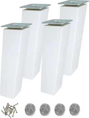 Four white furniture legs with silver mounting plates and a set of screws and felt pads.