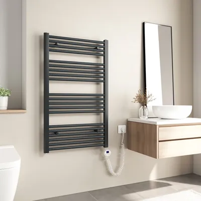 A modern bathroom with a heated towel rack, vanity, and sink.