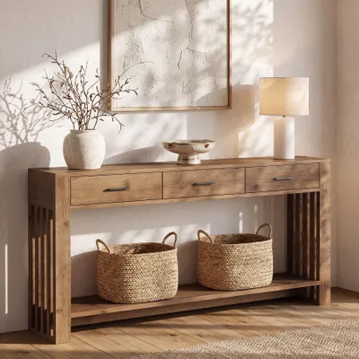 Immagine prodotto di Tavolino consolle da 160 cm di larghezza, ideale per l'ingresso, dal design sottile, con 3 cassetti, finitura effetto noce e struttura a due piani in stile rustico