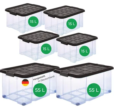 Produktbild von Novaliv 6 tlg Sparset Aufbewahrungsboxen mit Deckel Anthrazit 2x55 L + 4x 15L Nestbar stapelbar Clipverschluss Rollboxen BPA-frei