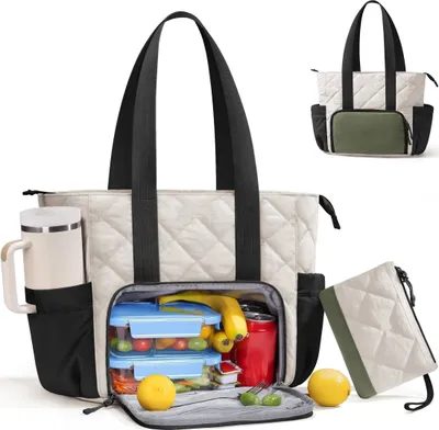 Image de Sac à lunch pour femmes, sacoche pour ordinateur portable (jusqu'à 15,6 pouces) avec compartiment isolé pour le lunch et porte-boisson, boîte à lunch légère pour les voyages et le bureau, vert