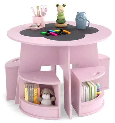 Produktbild von COSTWAY Kindertisch und Stuhl Set, 5 teilige Kindersitzgruppe aus Holz mit 4 Stauraumhocker, Maltisch, Sitzgruppe für Kinder ab 3+, 70x70x49 cm, Rosa