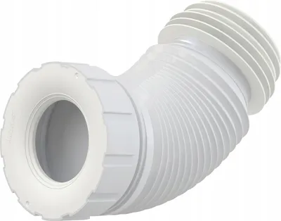 A white flexible pipe fitting for a toilet.