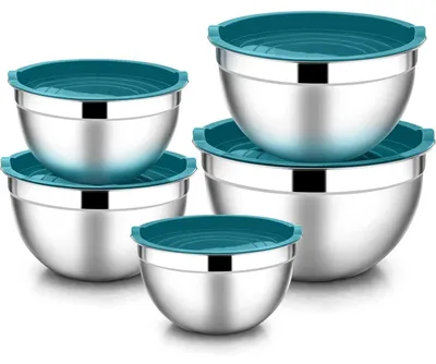 Productafbeelding van Rührkommen set, 5 stuks, blauw, roestvrij staal. Inclusief: 5 kommen + 5 deksels, met een bodem van roestvrij staal