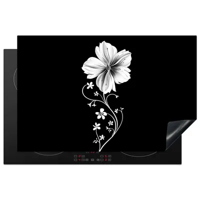 Produktbild von KitchenYeah© Herdabdeckplatte Blume - Schwarz - Weiß , 81x52cm, Küche Deko, Glaskeramikkochfeld Herdabdeckung, Abdeckplatte fùr Kochfeld