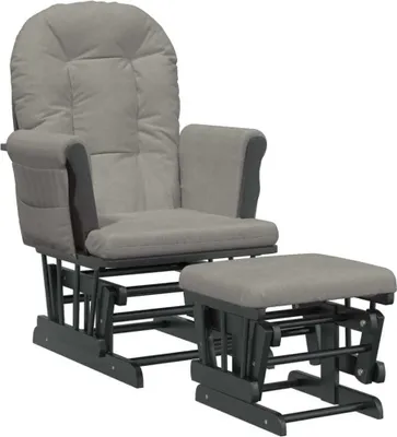 A gray fabric glider chair and ottoman set on a white background.