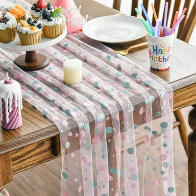 Productafbeelding van Mode Tafelloper met polkastippen van tule - 70 x 300 cm - Keukentafeldecoratie - Binnen - Vakantie - Verjaardag - Feest