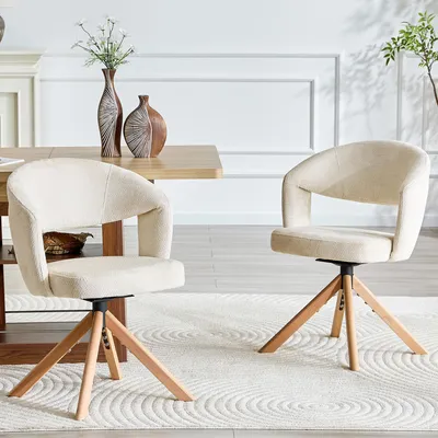 Image de Lot de 2 fauteuils pivotants rétro de luxe, tissu structuré blanc crème, pieds en bois massif, pivotants à 360°