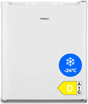 A white Medion mini freezer is shown against a white background. It has a snowflake symbol indicating it is a freezer, and an energy efficiency rating label.
