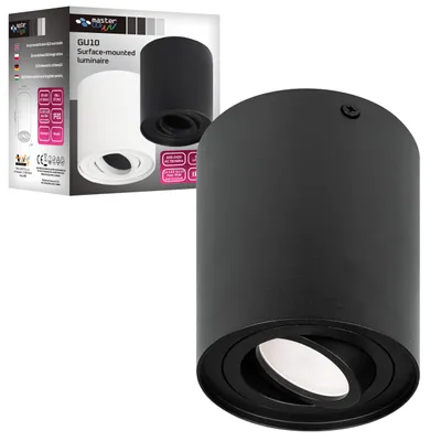 A black cylinder-shaped ceiling light is shown in the foreground, with its packaging in the background.