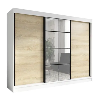 Produktbild von Oravelle 200 cm Weiß / Sonoma 3-türiger Kleiderschrank mit Spiegel, 4 Schubladen und Kleiderstangen – Funktionalität und Eleganz!