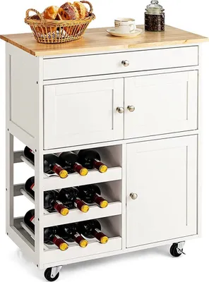 Image de COSTWAY Chariot de cuisine, chariot de service avec plateau en bois, chariot pour îlot de cuisine avec 1 tiroir, 3 rangées de casiers à vin, 2 armoires, chariot de stockage sur roulettes,