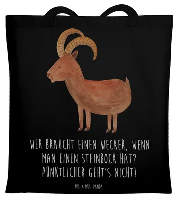 Produktbild von Mr. & Mrs. Panda Tote Bag Steinbock Wecker - Schwarz - Geschenk, Geschenke Sternzeichen, Horoskop, dokumententasche, Schultasche, Shopping Tasche, traditionell, Humor