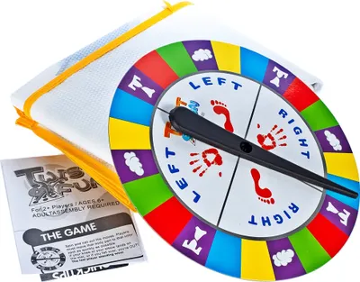 A Twister game mat and spinner are shown, along with the game's instruction booklet.
