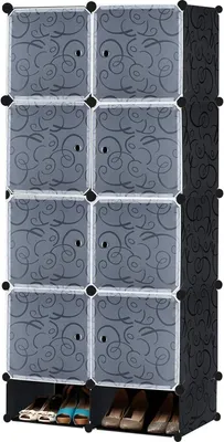 Image de TWOLIIN DIY Système d'étagères Armoire à vêtements en plastique Étagère enfichable Armoire à vêtements Étagère à chaussures Boîtes en plastique, 8 boîtes avec porte et rangement pour chaussures, noir avec motifs