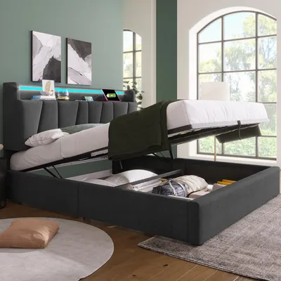 Obrázek produktu pro MODFU čalouněná postel manželská postel 160x200cm s funkcí USB nabíjení a LED osvětlením, hydraulická taštičková postel (bez matrace), šedá