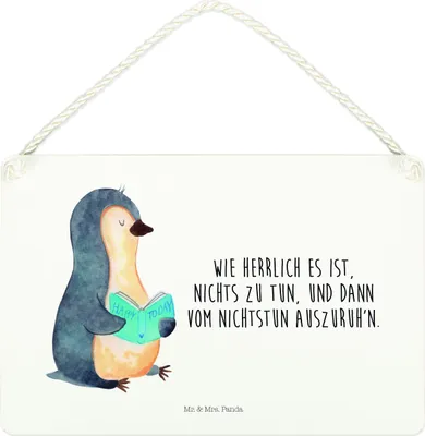 Produktbild von Mr. & Mrs. Panda Schild Pinguin Buch DIN A4 - Weiß - Geschenk, Bücherwurm, Ferien, holzbild, Urlaub, kleine aufmerksamkeit, Wandbild Holz, Holzschild, Türschild