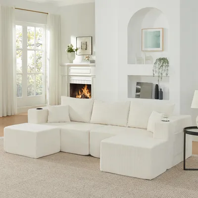 Produktbild von STILVORA Ecksofa 3-Sitzer in L-Form mit beweglichen Ottomanen,Modulares Sofa mit Cordstoff und Getränkehalter,Wohnlandschaft mit Seitentasche und Kissen